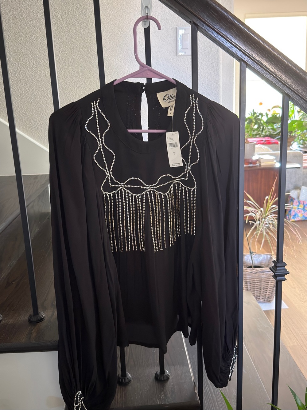 Anthropologie Black Beaded Fringe Blouse with Long Sleeves